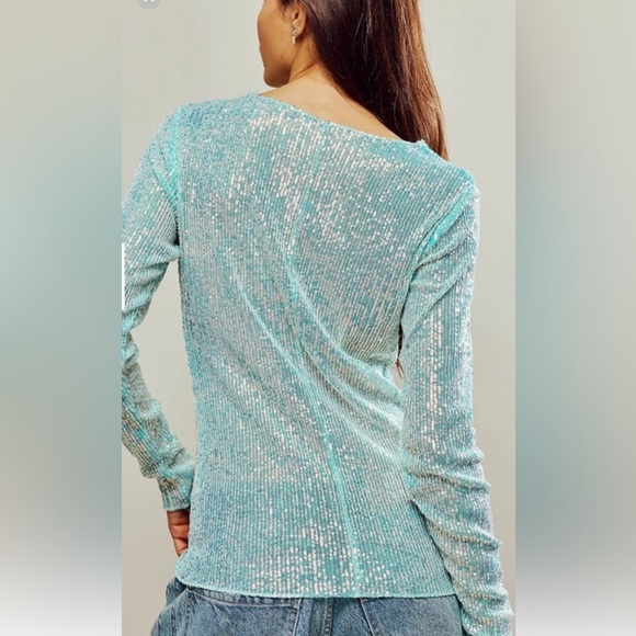NWT new FREE PEOPLE gold rush sequin long sleeve tee top XS Aruba blue shimmer - Picture 3 of 14